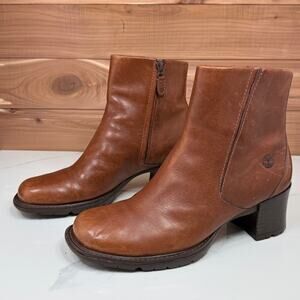 Timberland Leather Ankle Boots Block Heel Square Toe Brown Walnut Boots Size 7.5